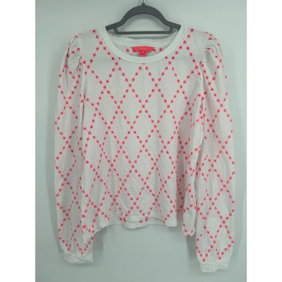 Lilly Pulitzer Jansen Eyelet Long Sleeve Prosecco Pink Oversized Diamond Knit L - Picture 1 of 5